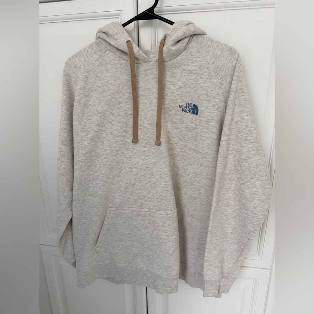 The North Face Women’s Heather Light Gray Hoodie with Tan Drawcords